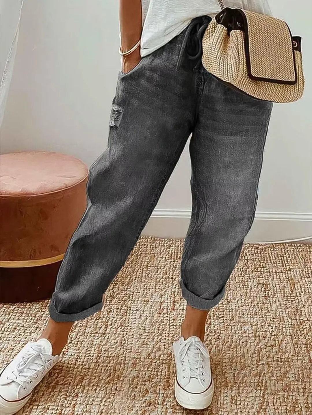 Flamingals Women's Baggy Cropped Jeans Drawstring Mid Rise Boyfriend Carrot Barrel Roll Hem Jeans