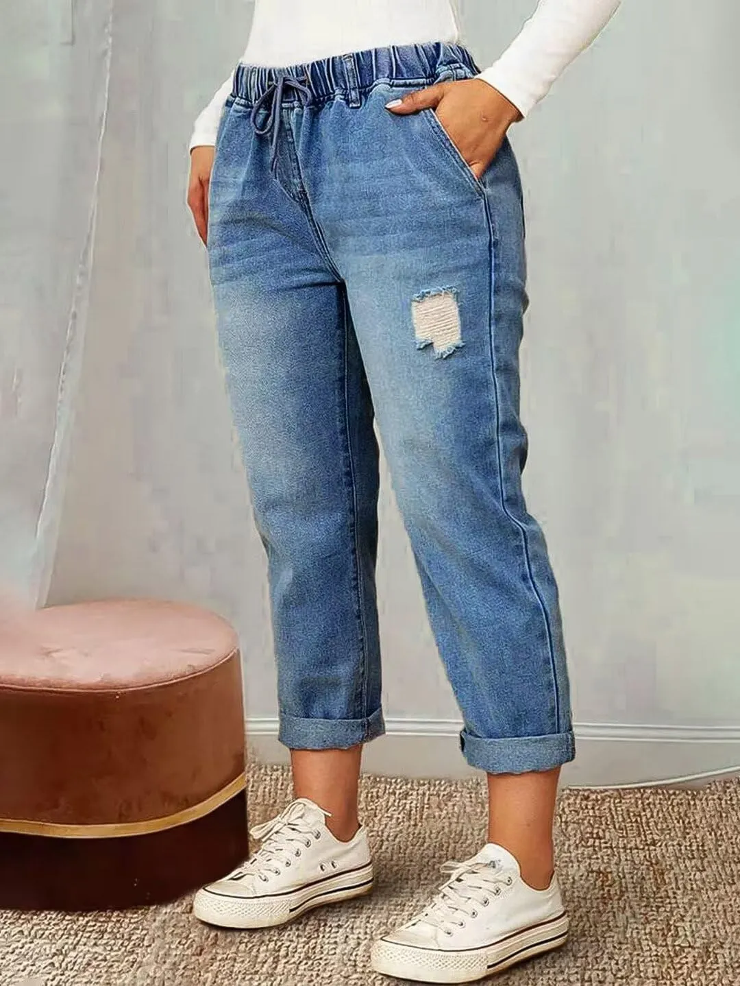Flamingals Women's Baggy Cropped Jeans Drawstring Mid Rise Boyfriend Carrot Barrel Roll Hem Jeans