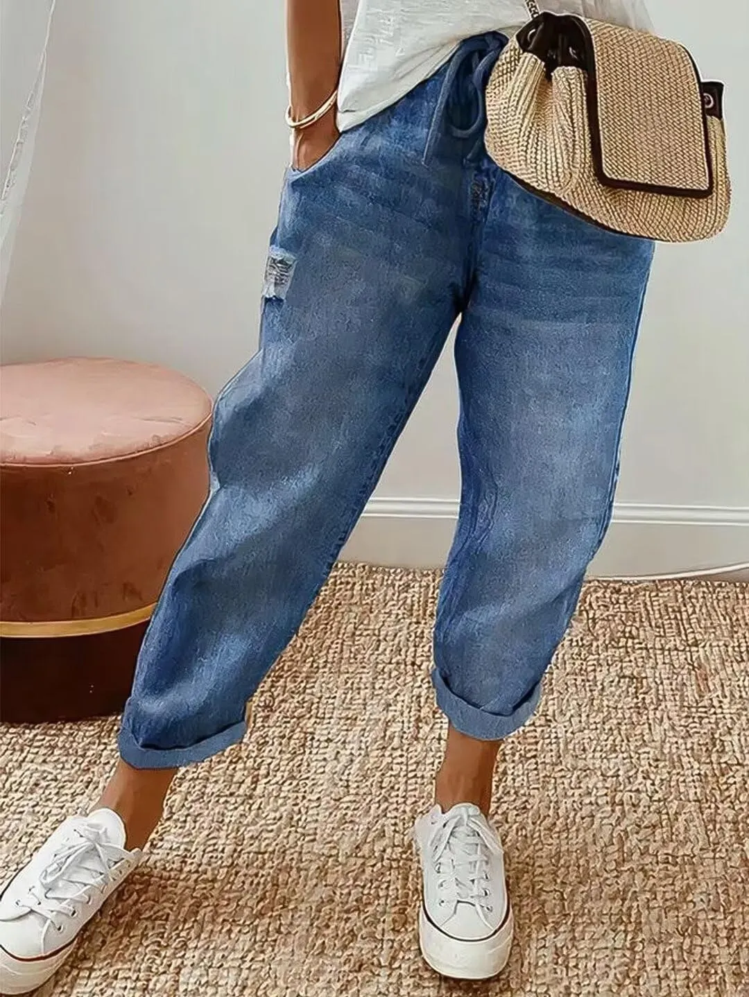 Flamingals Women's Baggy Cropped Jeans Drawstring Mid Rise Boyfriend Carrot Barrel Roll Hem Jeans