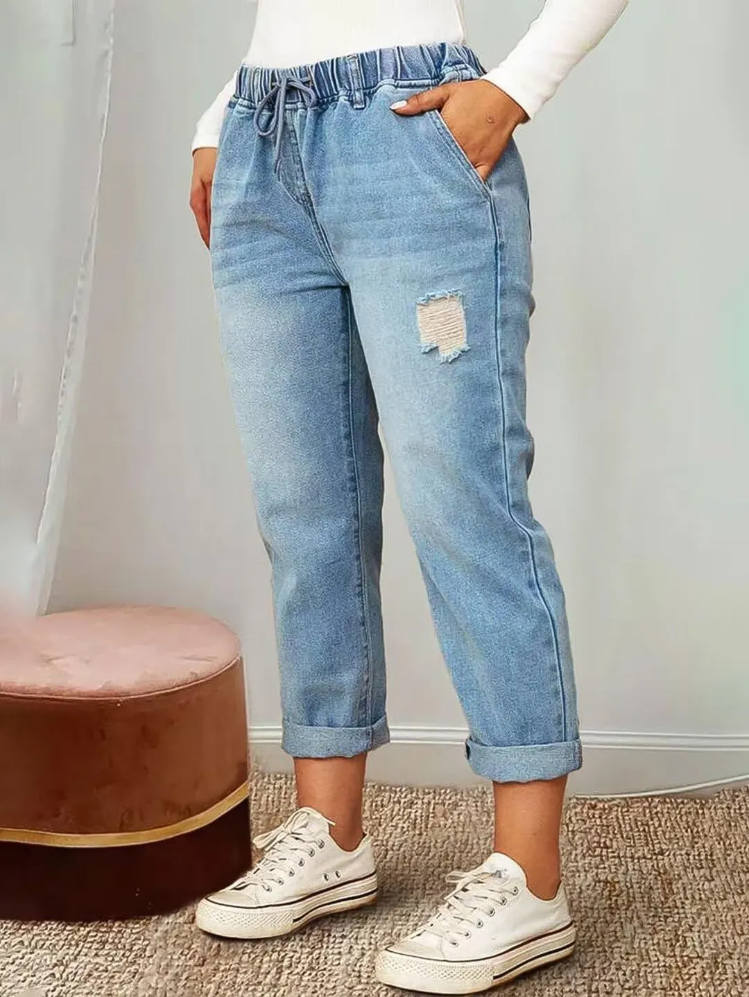 Flamingals Women's Baggy Cropped Jeans Drawstring Mid Rise Boyfriend Carrot Barrel Roll Hem Jeans