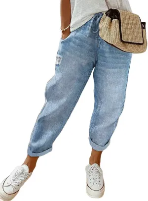 Flamingals Women's Baggy Cropped Jeans Drawstring Mid Rise Boyfriend Carrot Barrel Roll Hem Jeans