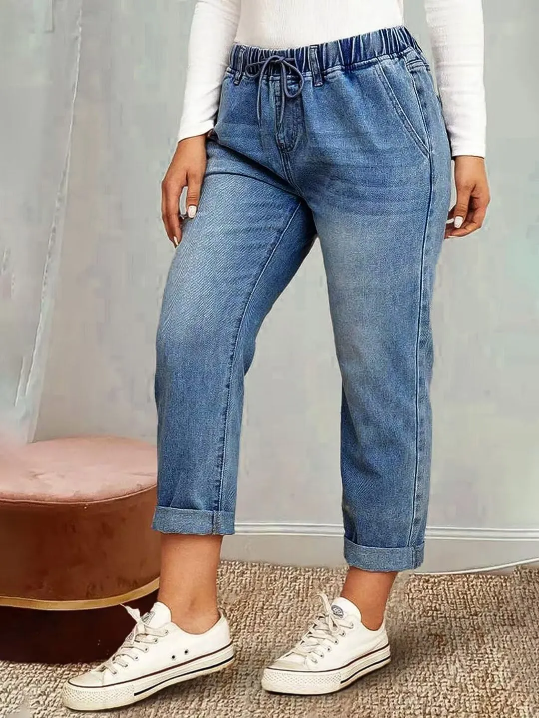 Flamingals Women's Baggy Cropped Jeans Drawstring Mid Rise Boyfriend Carrot Barrel Roll Hem Jeans