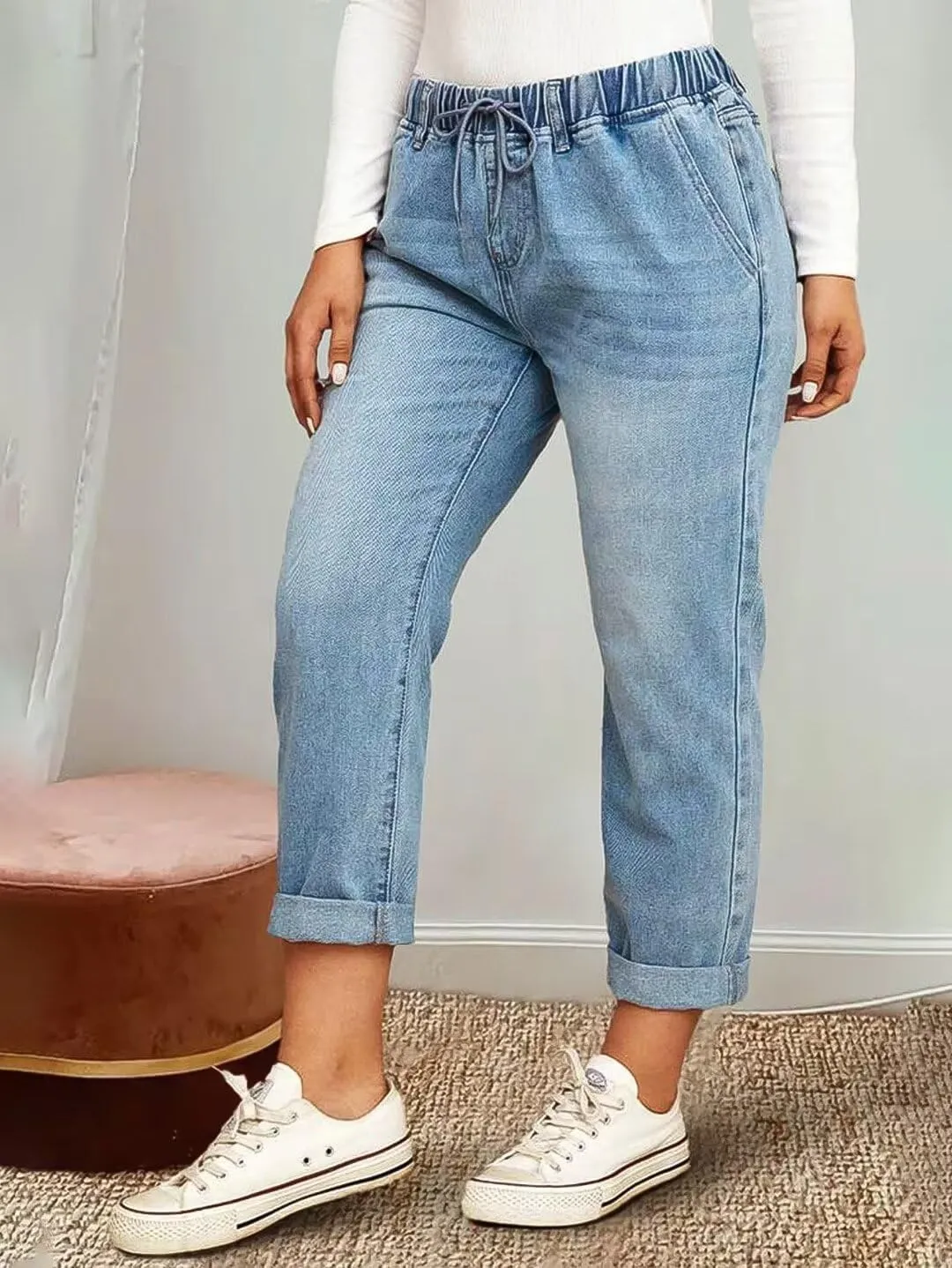Flamingals Women's Baggy Cropped Jeans Drawstring Mid Rise Boyfriend Carrot Barrel Roll Hem Jeans