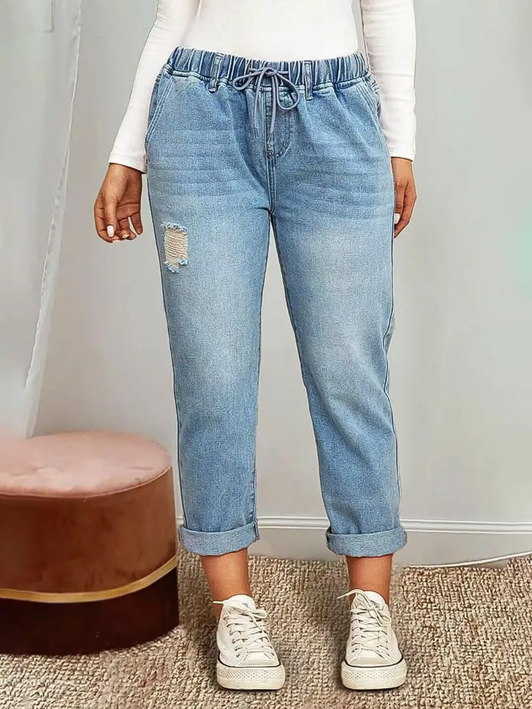 Flamingals Women's Baggy Cropped Jeans Drawstring Mid Rise Boyfriend Carrot Barrel Roll Hem Jeans