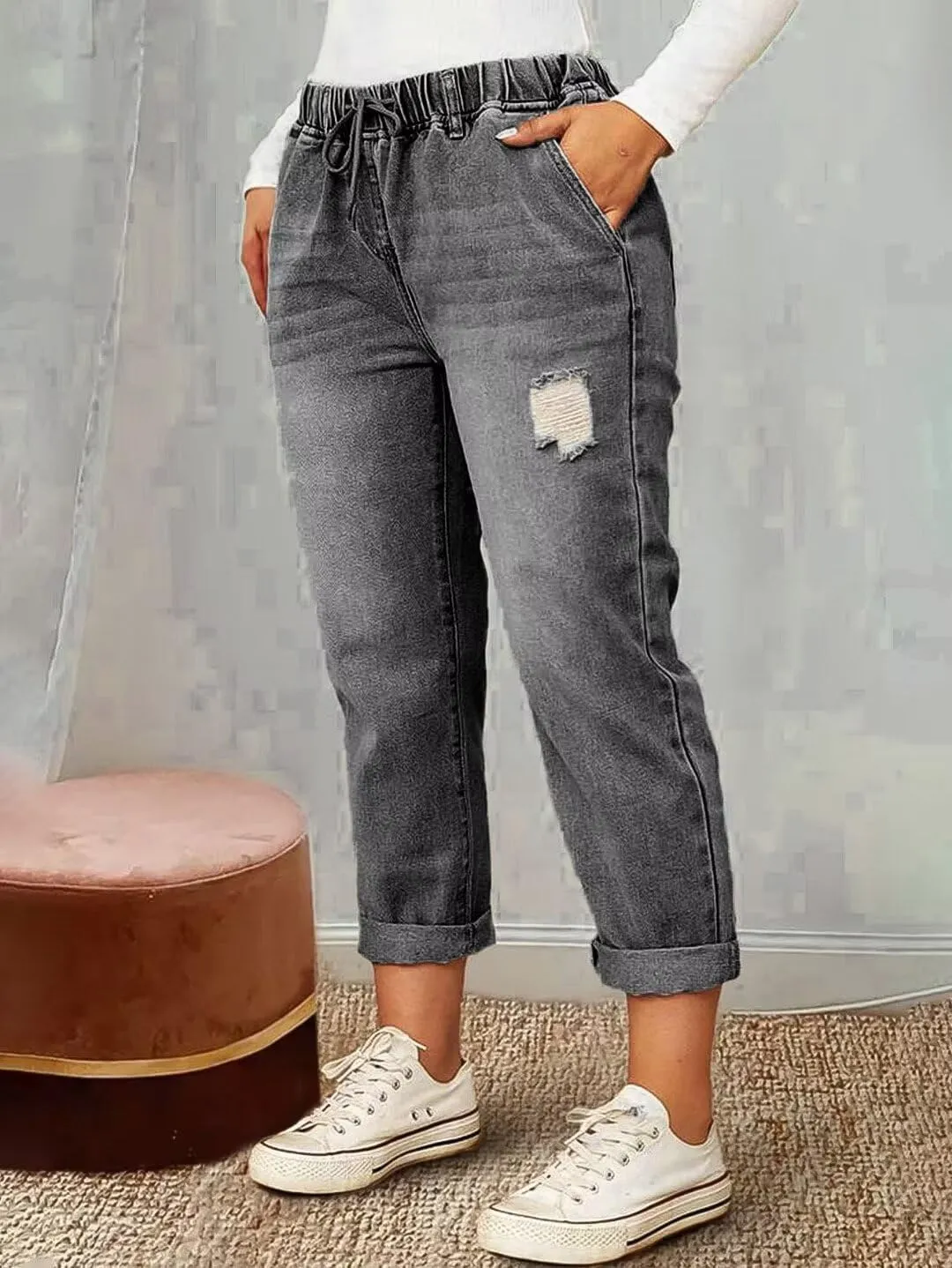 Flamingals Women's Baggy Cropped Jeans Drawstring Mid Rise Boyfriend Carrot Barrel Roll Hem Jeans