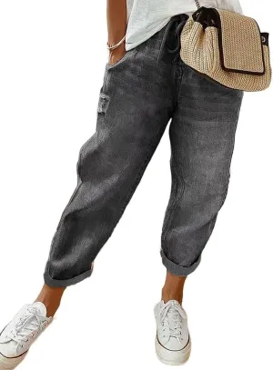 Flamingals Women's Baggy Cropped Jeans Drawstring Mid Rise Boyfriend Carrot Barrel Roll Hem Jeans