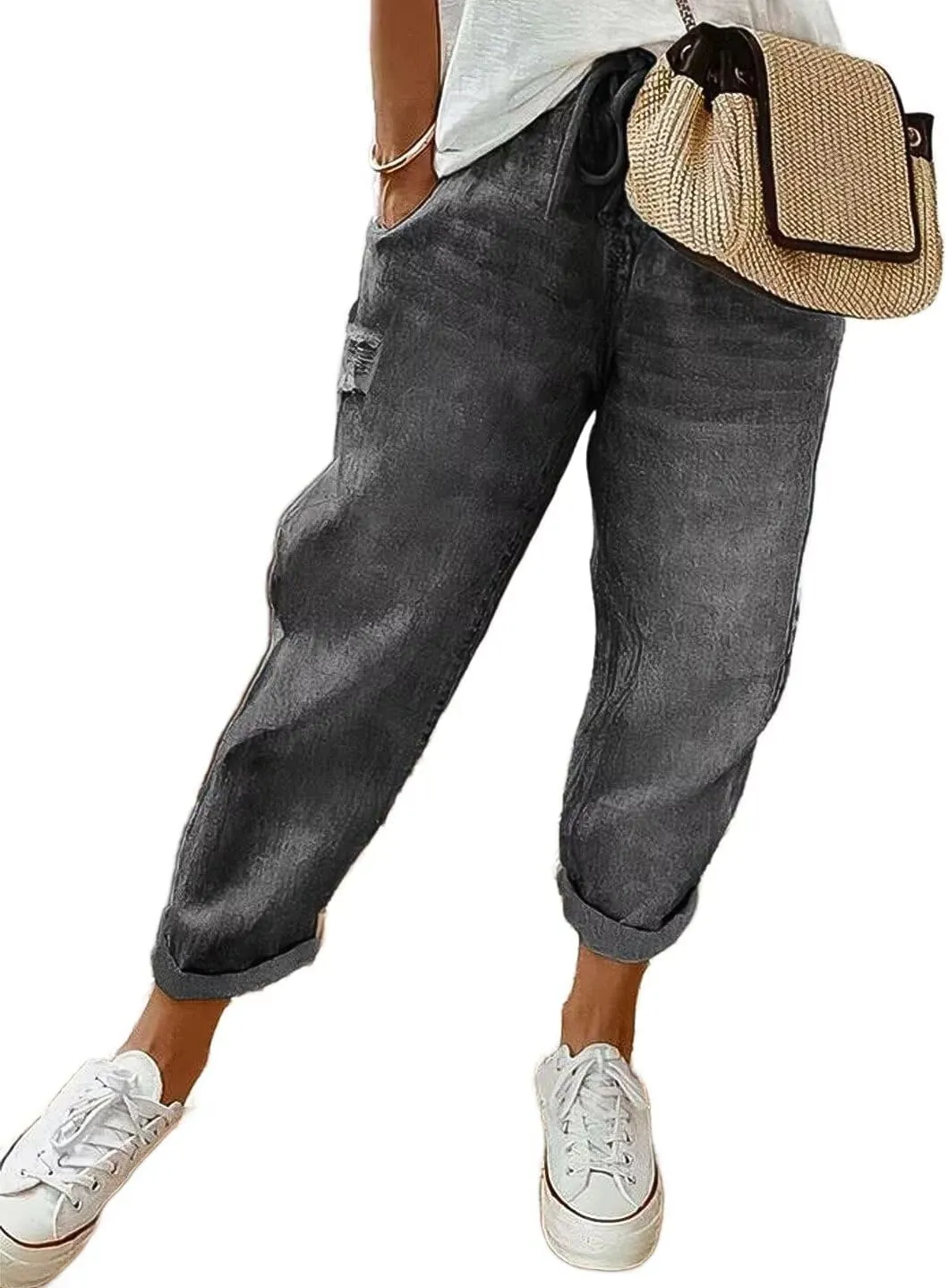 Flamingals Women's Baggy Cropped Jeans Drawstring Mid Rise Boyfriend Carrot Barrel Roll Hem Jeans