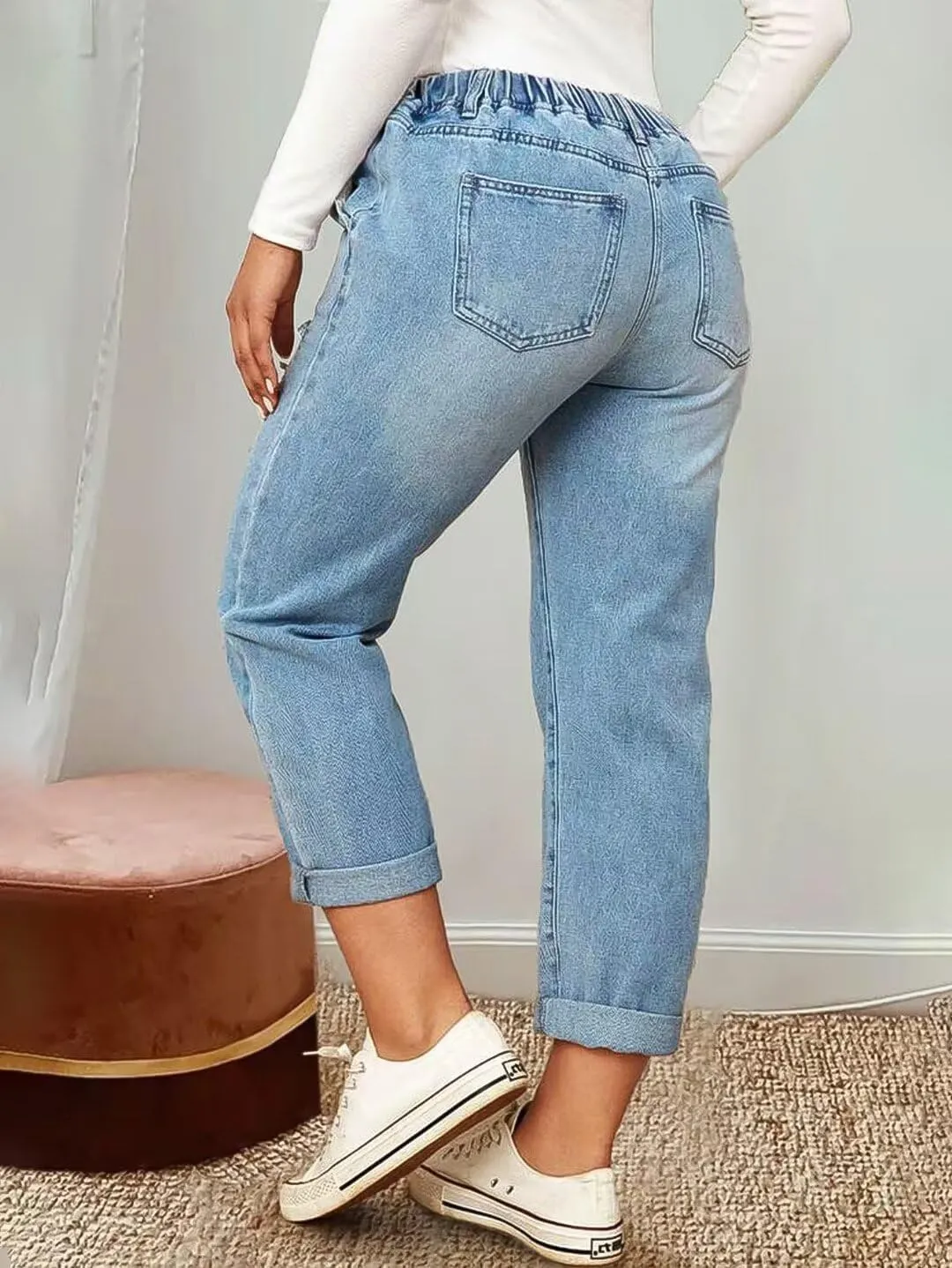Flamingals Women's Baggy Cropped Jeans Drawstring Mid Rise Boyfriend Carrot Barrel Roll Hem Jeans