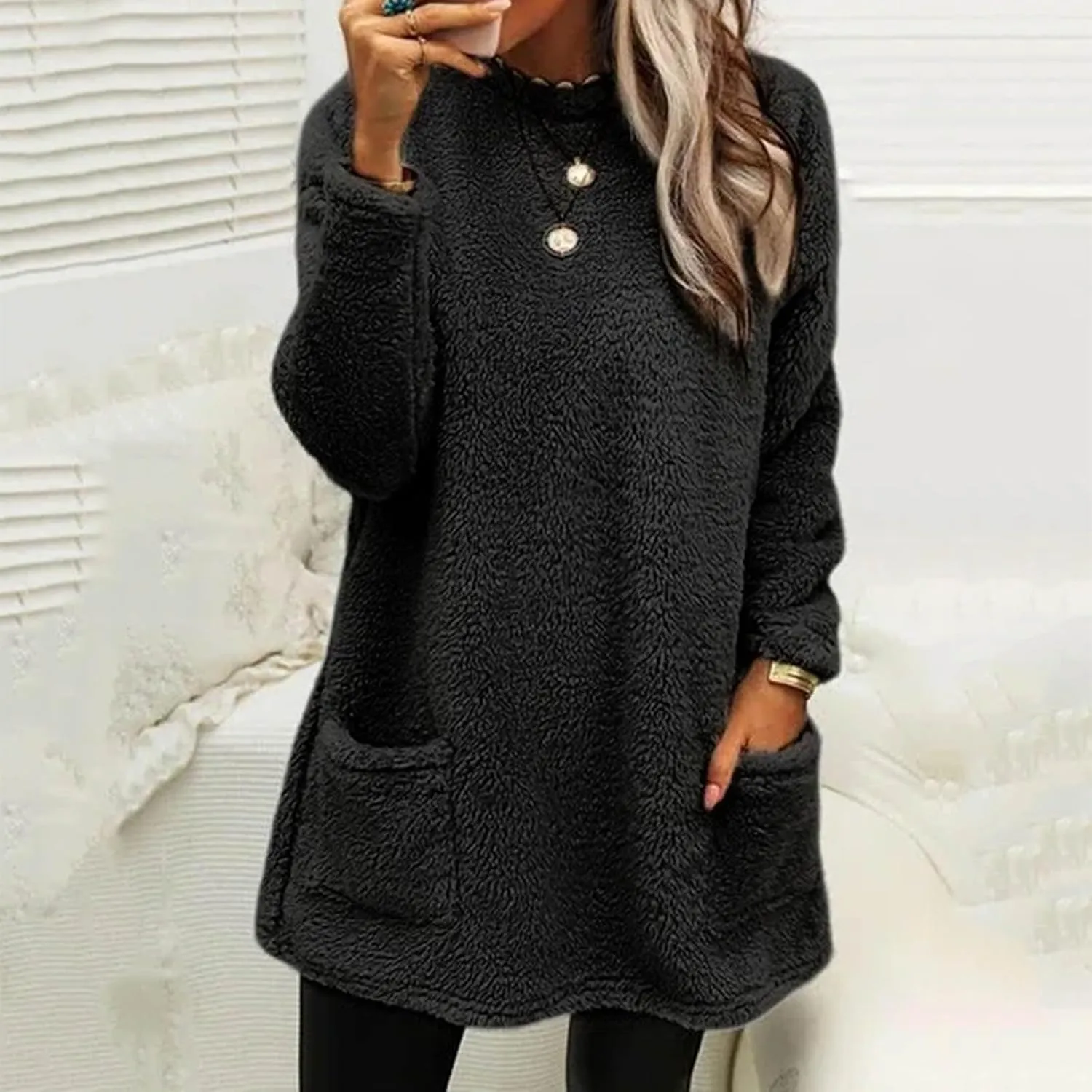 Fleece Pullover Women Sweaters Fuzzy Sherpa Long Sleeve Sweatshirt Crewneck Loungewear Tunics Tops with Pockets