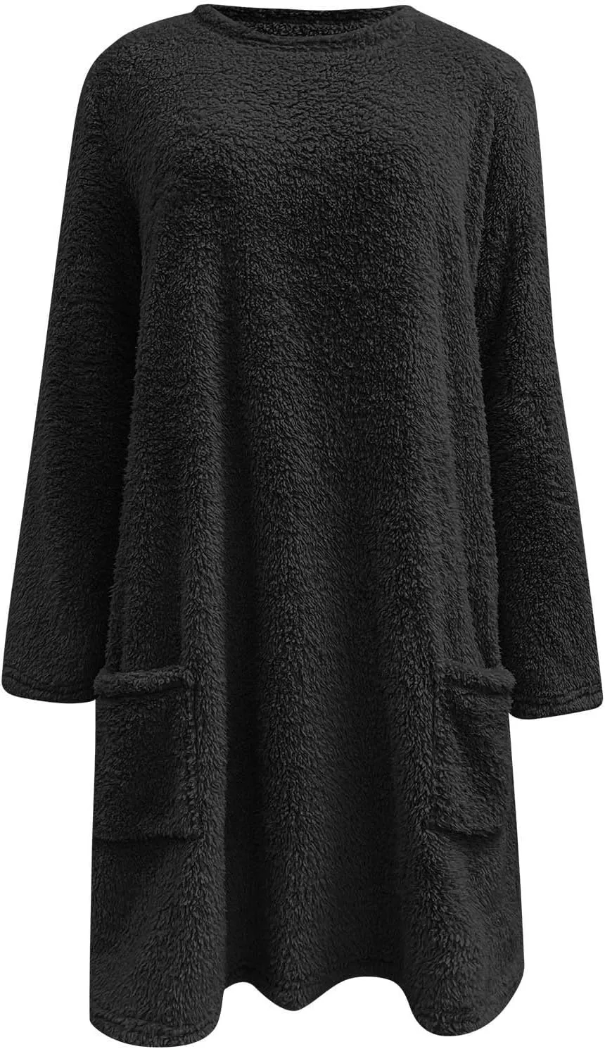 Fleece Pullover Women Sweaters Fuzzy Sherpa Long Sleeve Sweatshirt Crewneck Loungewear Tunics Tops with Pockets