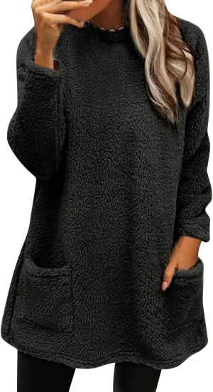 Fleece Pullover Women Sweaters Fuzzy Sherpa Long Sleeve Sweatshirt Crewneck Loungewear Tunics Tops with Pockets
