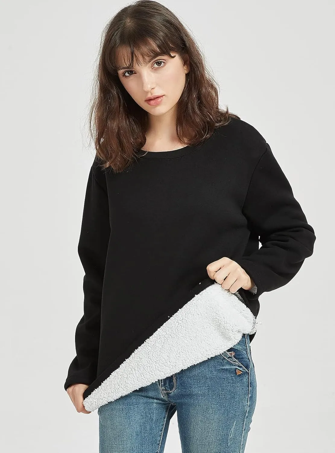 Flygo Women's Winter Warm Sherpa Lined Fleece Crewneck Sweatshirt Pullover Loungewear Tunic Tops