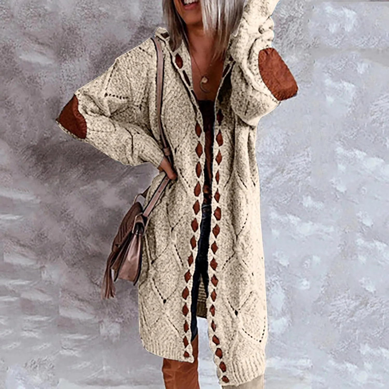 FMCHICO Long Sleeve Cable Knit Long Cardigan for Women Fall Winter Open Front Sweaters