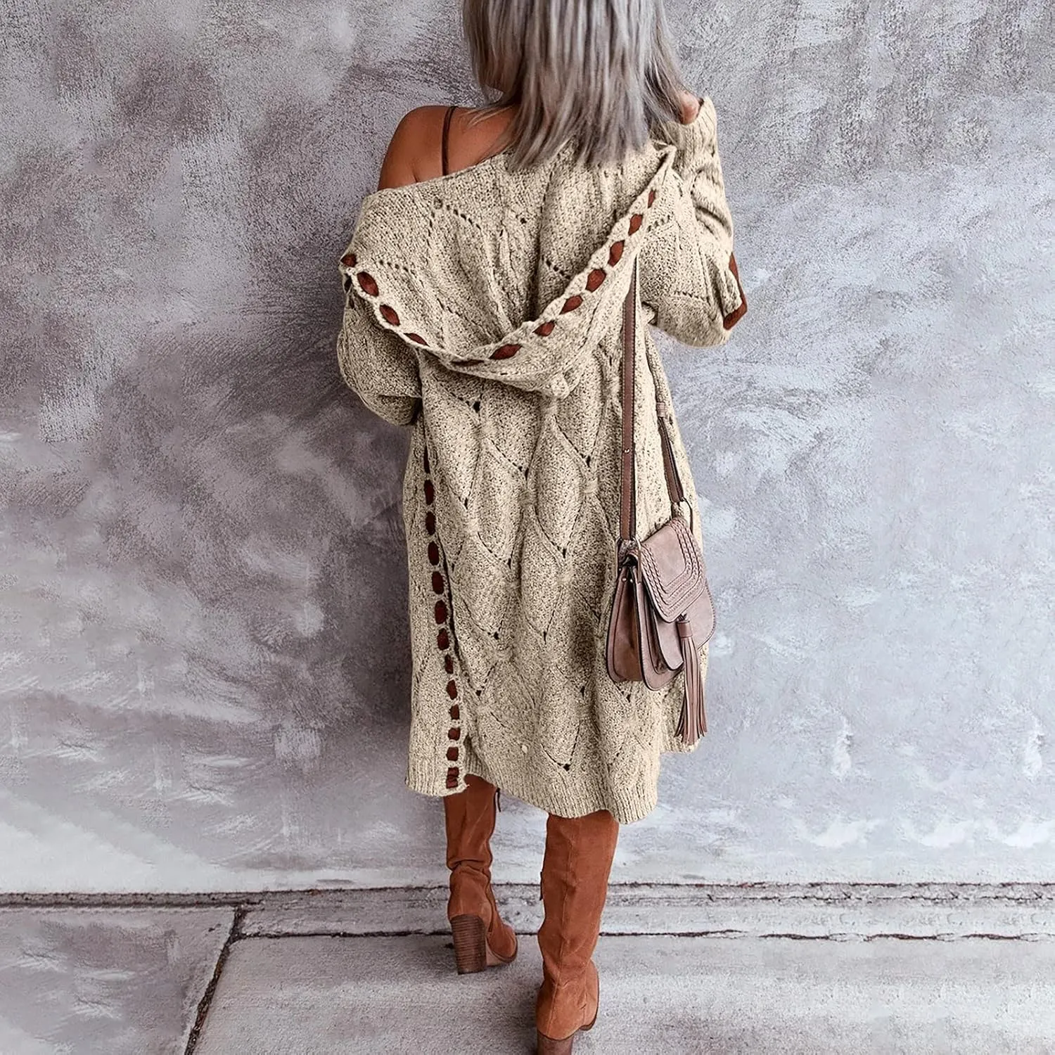 FMCHICO Long Sleeve Cable Knit Long Cardigan for Women Fall Winter Open Front Sweaters