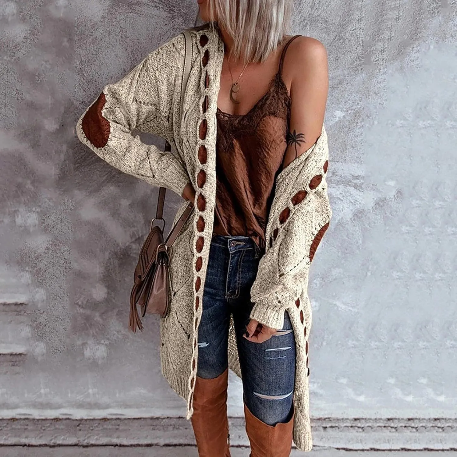 FMCHICO Long Sleeve Cable Knit Long Cardigan for Women Fall Winter Open Front Sweaters