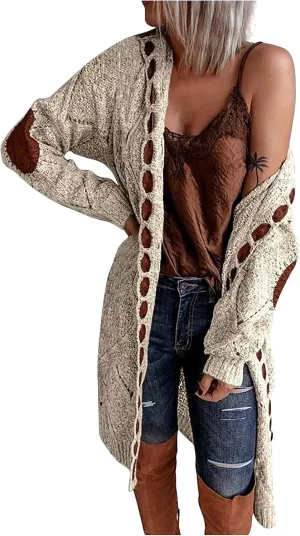FMCHICO Long Sleeve Cable Knit Long Cardigan for Women Fall Winter Open Front Sweaters