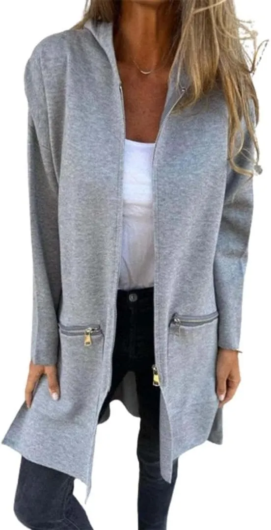 FMCHICO Women Wool Blend Full Ziper Jacket Hooded Casual Trench Coat