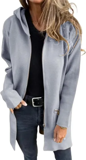 FMCHICO Women Wool Blend Full Ziper Jacket Hooded Casual Trench Coat