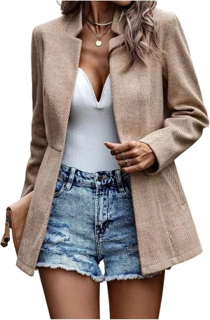 FMCHICO Women's Casual Business Open Front Long Sleeve Notch Lapel Office Blazer Jacket
