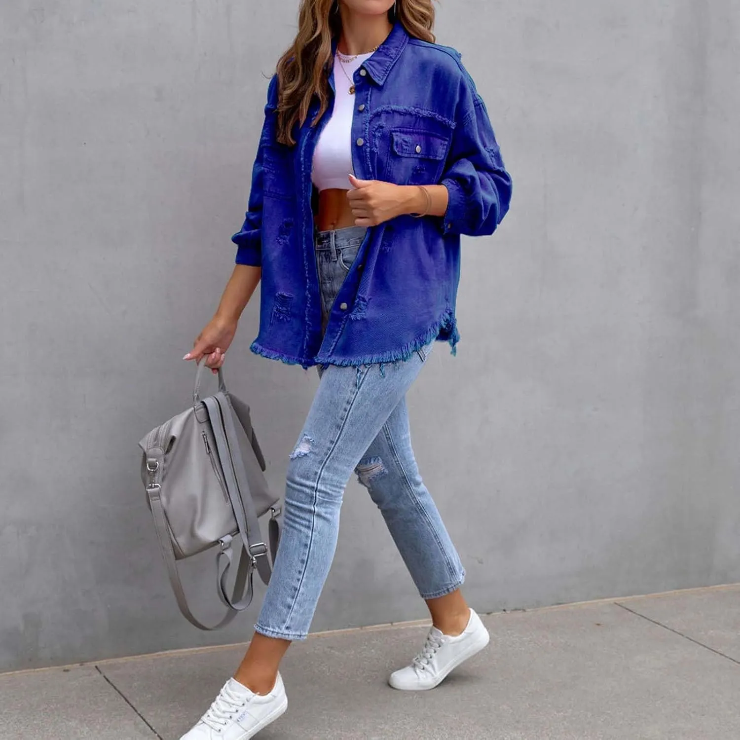 FMCHICO Women's Oversized Denim Jacket Casual Long Boyfriend Jean Jacket Autumn Spring