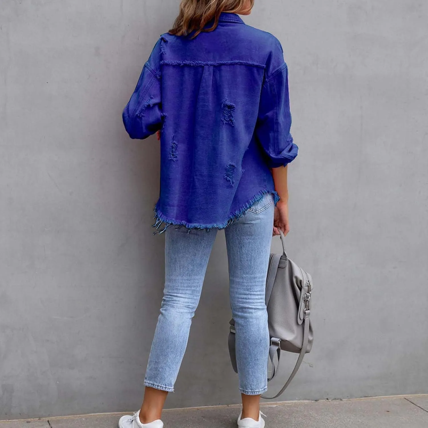 FMCHICO Women's Oversized Denim Jacket Casual Long Boyfriend Jean Jacket Autumn Spring