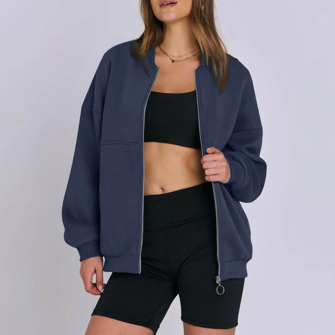 FMCHICO Women's Oversized Full Zip Up Sweatshirts Jacket 2024 Fall Fleece Long Sleeve Hoodies Outfit