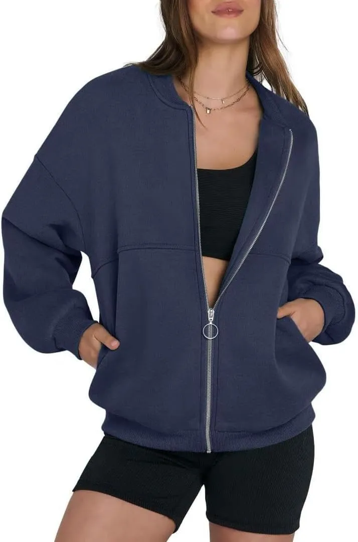 FMCHICO Women's Oversized Full Zip Up Sweatshirts Jacket 2024 Fall Fleece Long Sleeve Hoodies Outfit