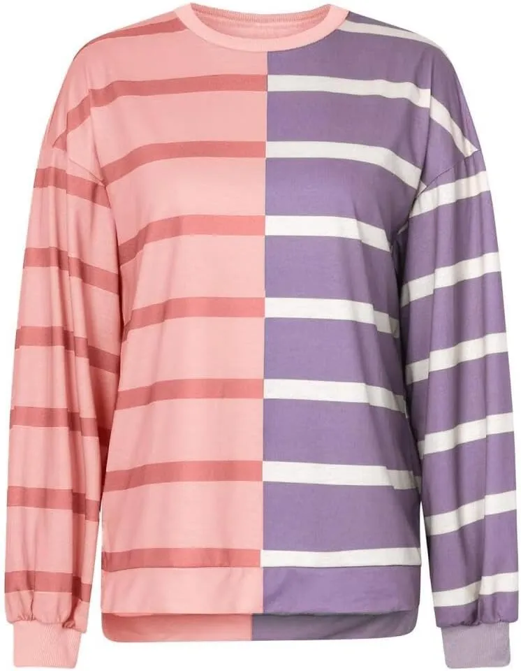 FMCHICO Womens Striped Pullover Sweater Crew Neck Long Sleeve Knitted Color Block Casual Loose Lightweight