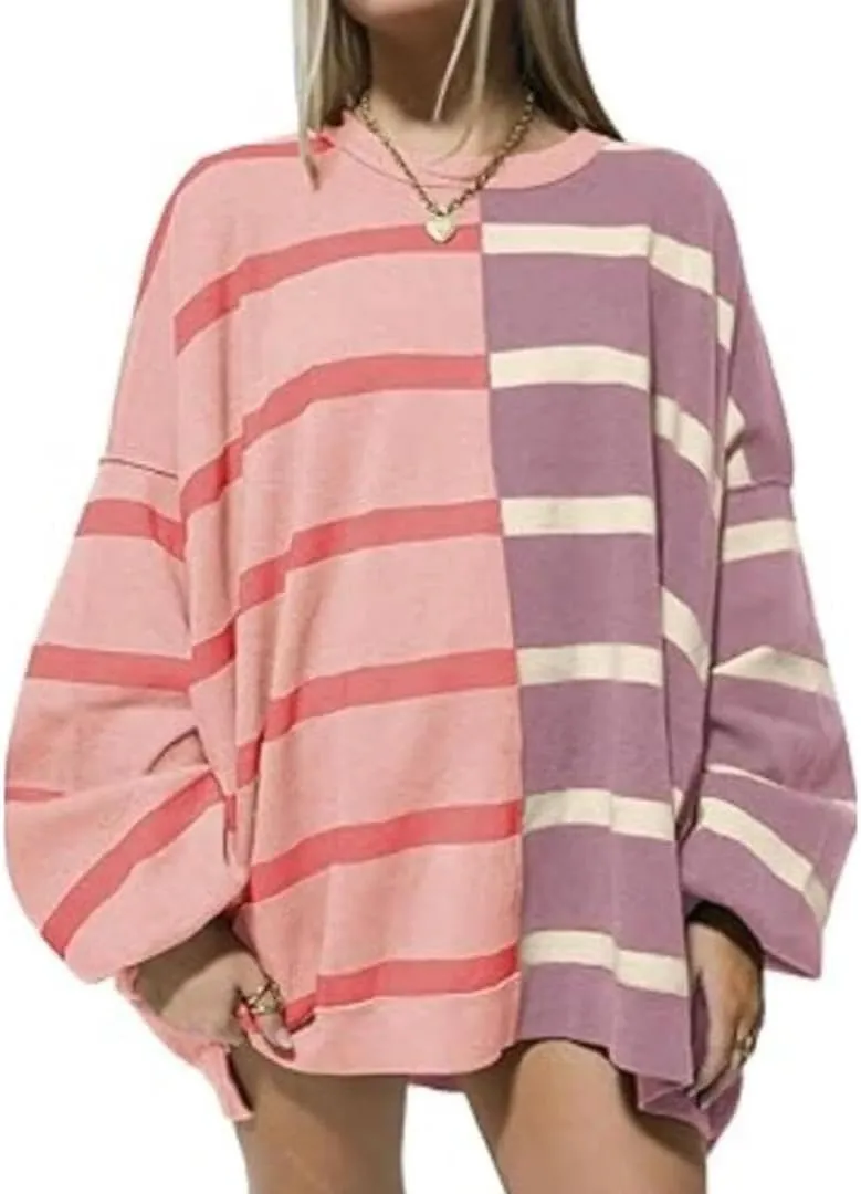 FMCHICO Womens Striped Pullover Sweater Crew Neck Long Sleeve Knitted Color Block Casual Loose Lightweight