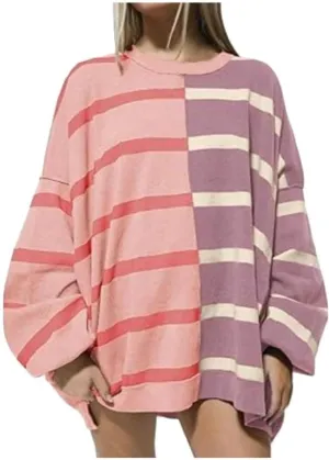 FMCHICO Womens Striped Pullover Sweater Crew Neck Long Sleeve Knitted Color Block Casual Loose Lightweight