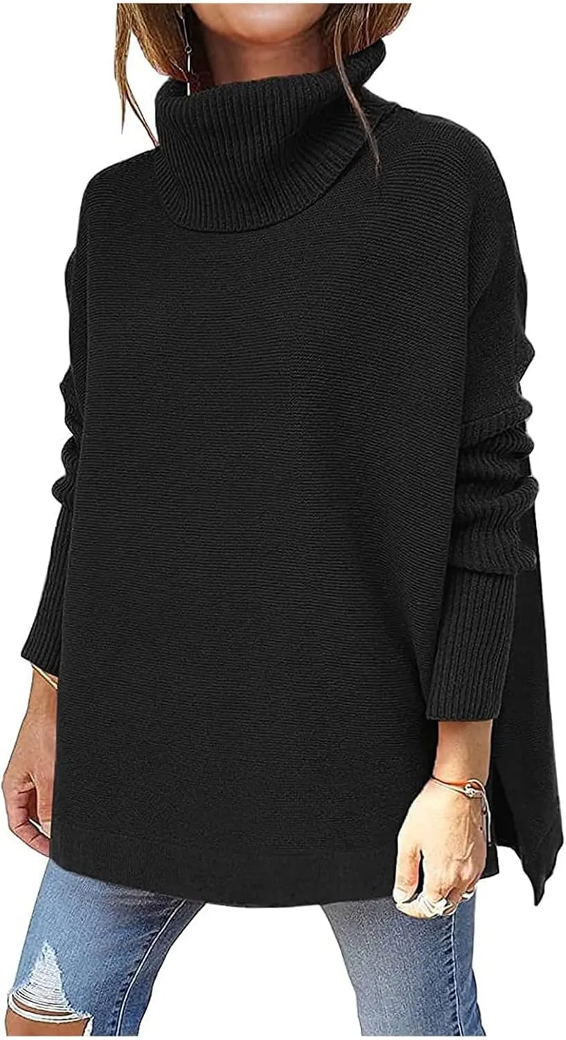 FMCHICO Women's Sweater Turtle Neck Chunky Knit Pullover Sweaters Casual Long Sleeve Tops with Side Slit