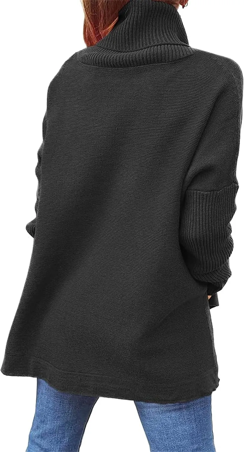 FMCHICO Women's Sweater Turtle Neck Chunky Knit Pullover Sweaters Casual Long Sleeve Tops with Side Slit