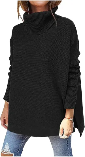 FMCHICO Women's Sweater Turtle Neck Chunky Knit Pullover Sweaters Casual Long Sleeve Tops with Side Slit