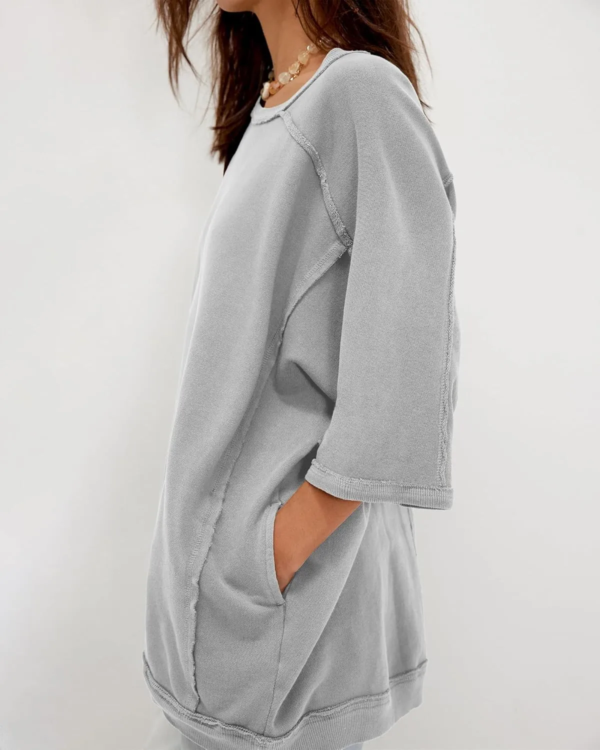 Gacaky Womens Oversized Sweatshirts Pullover 3/4 Sleeve Crewneck Pullover Tops Trendy Cute Y2K Tee with Pockets