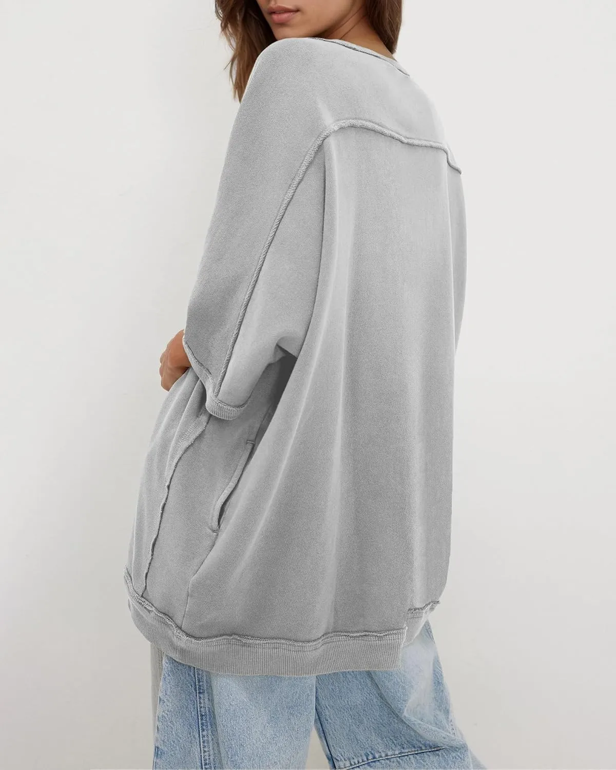 Gacaky Womens Oversized Sweatshirts Pullover 3/4 Sleeve Crewneck Pullover Tops Trendy Cute Y2K Tee with Pockets