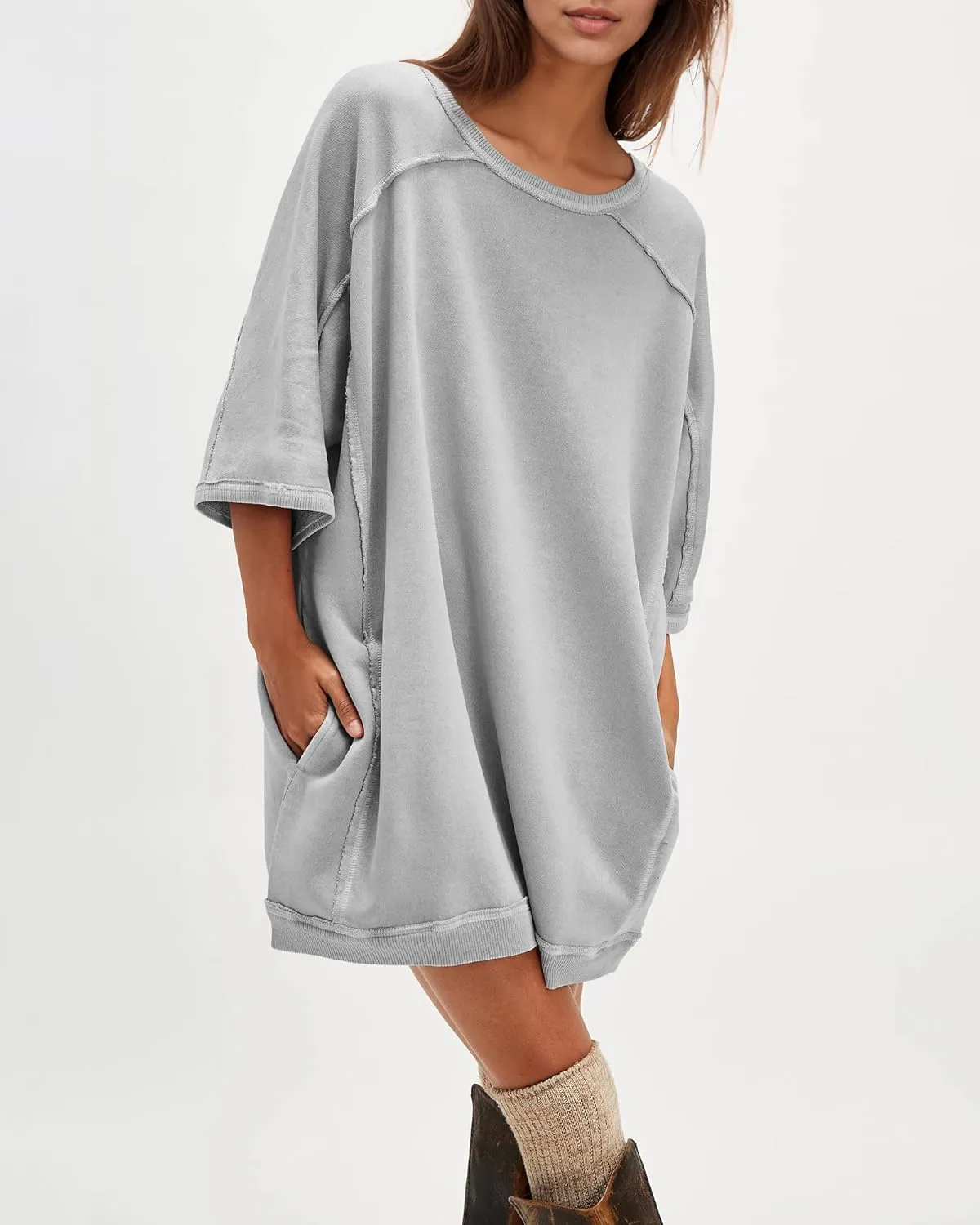 Gacaky Womens Oversized Sweatshirts Pullover 3/4 Sleeve Crewneck Pullover Tops Trendy Cute Y2K Tee with Pockets