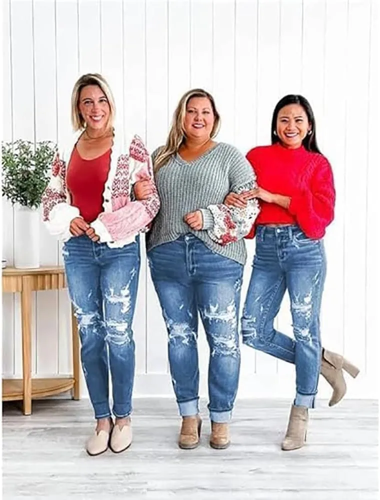 GDSAFS Mypeachd Jeans, Mypeachd Pants, Tummy Control Distressed Cuffed Boyfriend Jeans, Women Stretch