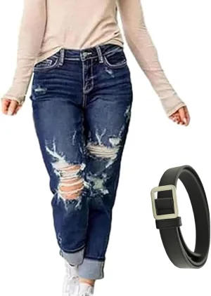 GDSAFS Mypeachd Jeans, Mypeachd Pants, Tummy Control Distressed Cuffed Boyfriend Jeans, Women Stretch