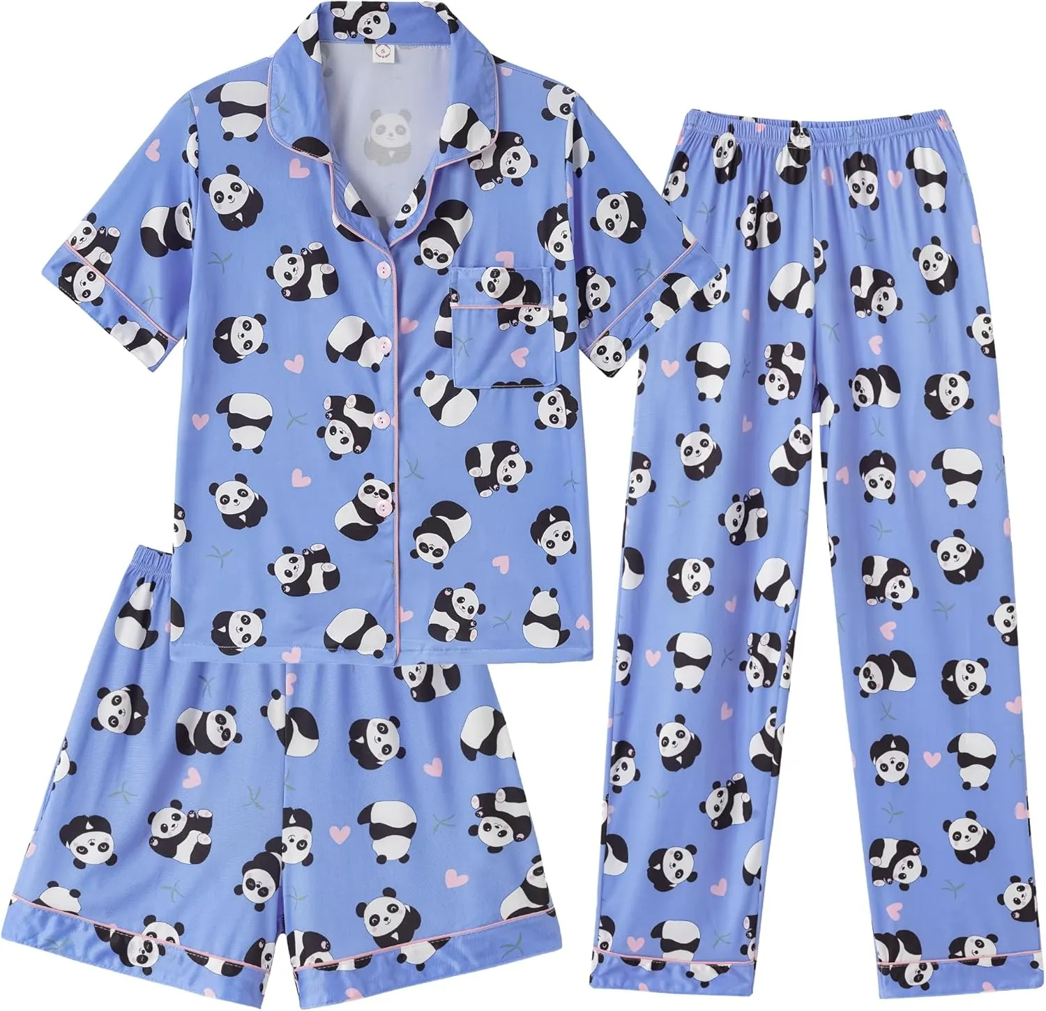 Girls Pajamas Short Sleeve Long Pants and Shorts 3 Piece Sleepwear Button Down Outfit with Pockets Loung Sets