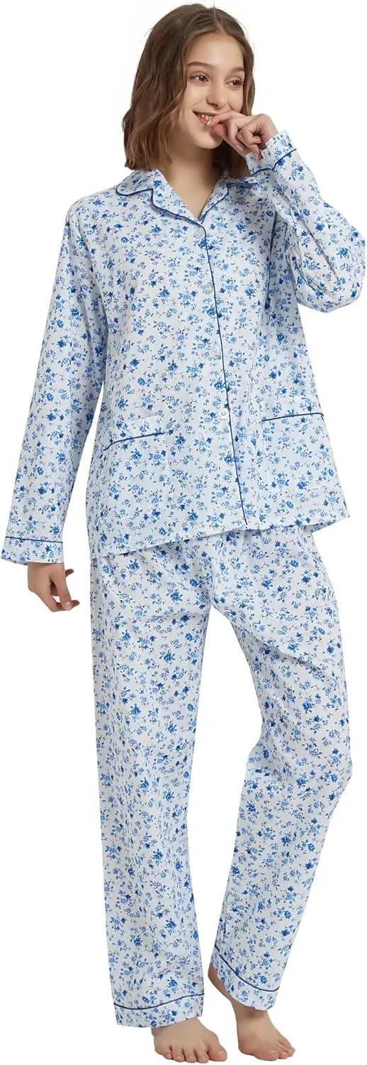 GLOBAL Womens Cotton Pajama Set for Women Long Sleeve PJs Button Down Sleepwear S-3XL