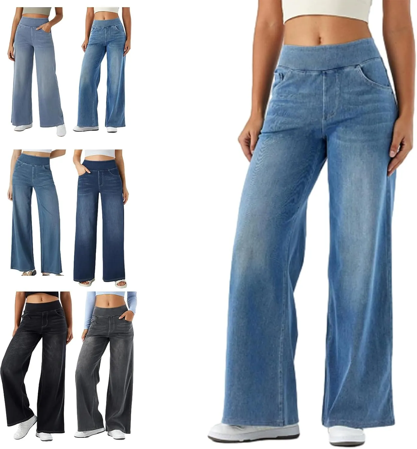 Grevela Pull Up Jeans, Grevela Stretch Jeans, Women's Wide Leg Pants, High Waisted Stretch Pull-on Baggy Denim Pants