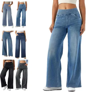 Grevela Pull Up Jeans, Grevela Stretch Jeans, Women's Wide Leg Pants, High Waisted Stretch Pull-on Baggy Denim Pants