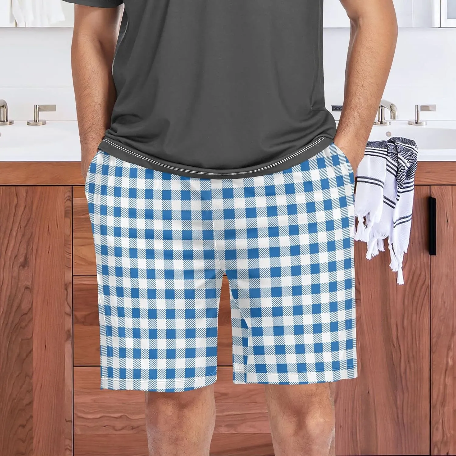 Grey Checkered Gingham Plaid Tartan Geometric Check Men's Pajama Pants Shorts Sleepwear Lounge Pajama Bottoms