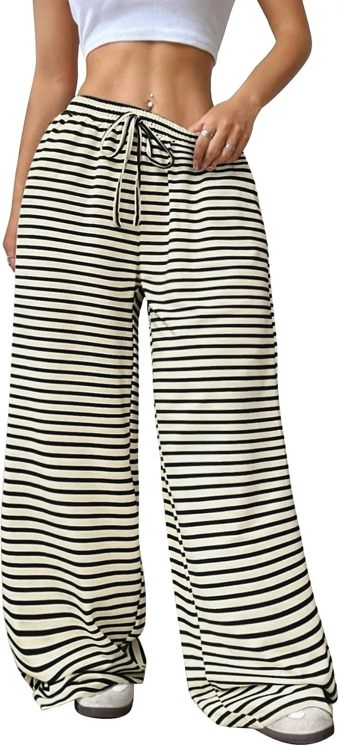 GUOLEZEEV Women's Striped Pants Comfy High Waist Trendy Y2K Pajama Lounge Pants Sleepwear with Pockets