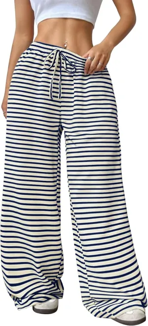 GUOLEZEEV Women's Striped Pants Comfy High Waist Trendy Y2K Pajama Lounge Pants Sleepwear with Pockets