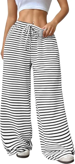GUOLEZEEV Women's Striped Pants Comfy High Waist Trendy Y2K Pajama Lounge Pants Sleepwear with Pockets