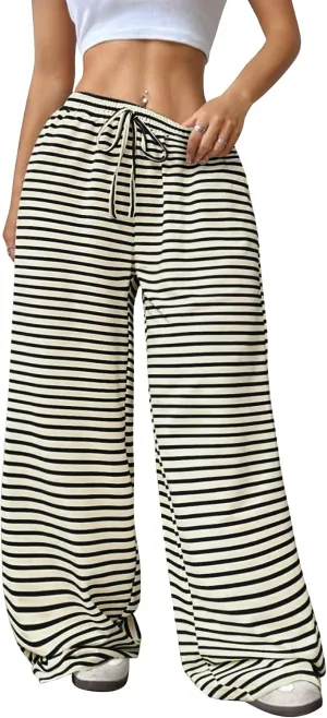 GUOLEZEEV Women's Striped Pants Comfy High Waist Trendy Y2K Pajama Lounge Pants Sleepwear with Pockets