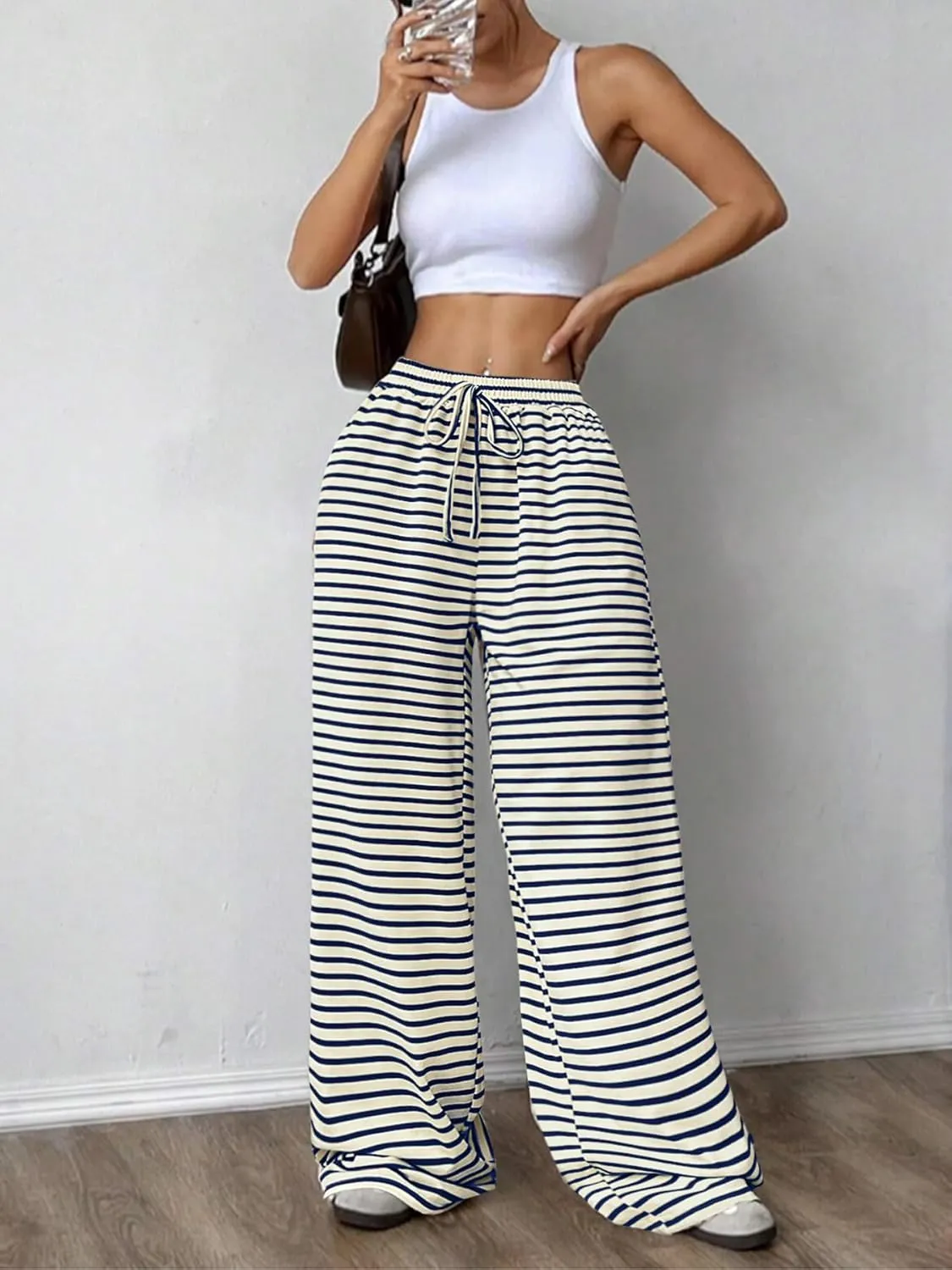 GUOLEZEEV Women's Striped Pants Comfy High Waist Trendy Y2K Pajama Lounge Pants Sleepwear with Pockets