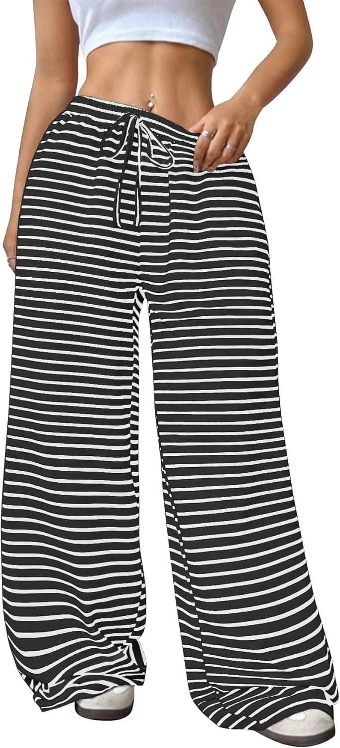 GUOLEZEEV Women's Striped Pants Comfy High Waist Trendy Y2K Pajama Lounge Pants Sleepwear with Pockets