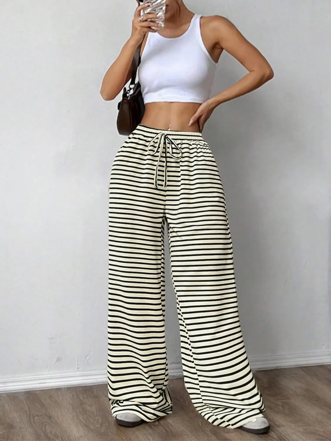 GUOLEZEEV Women's Striped Pants Comfy High Waist Trendy Y2K Pajama Lounge Pants Sleepwear with Pockets